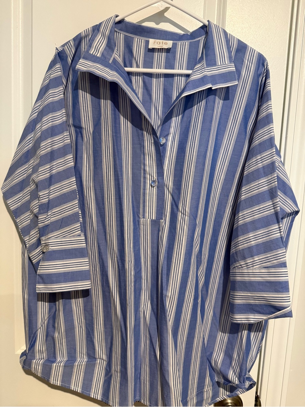 Fate Blue and White Vertical Stripe Casual Button-Front Shirt